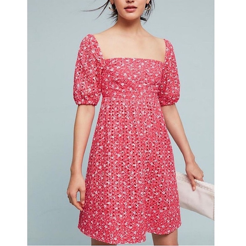 ANTHROPOLOGIE Maeve Lillianne hot pink eyelet dress size 8P petite